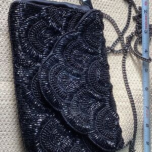 RSVP Black Beaded Scallop-Flap Evening Clutch with Chain Strap